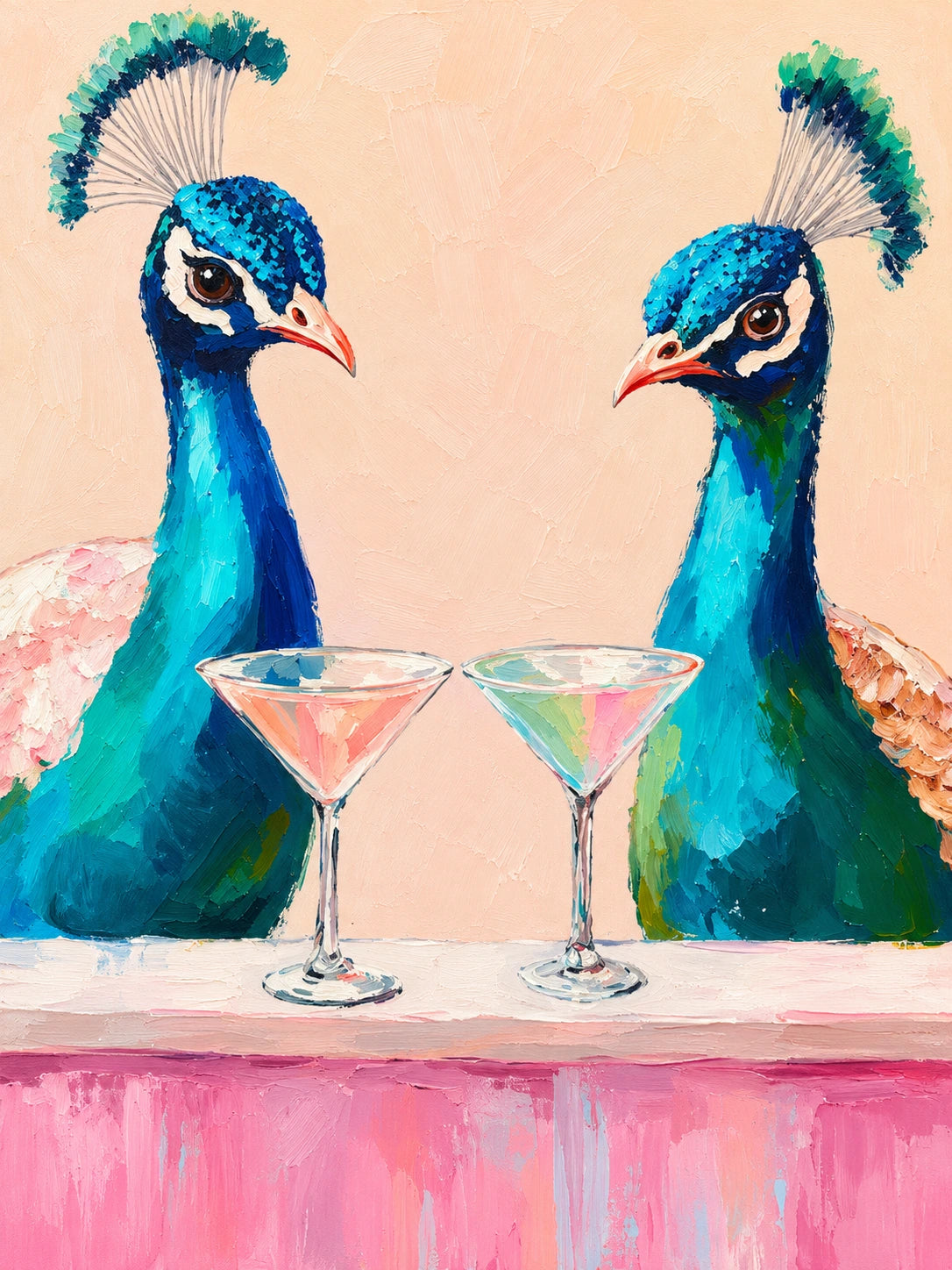 Peacock Aperitif full artwork. Two jewel-toned peacocks face one another across a pink bar, each beside a pastel cocktail.