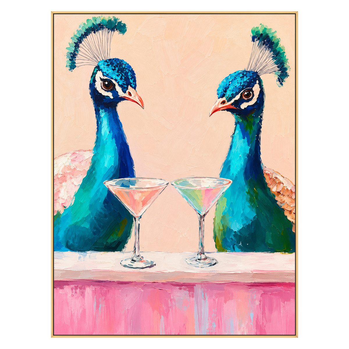 Peacock Aperitif artwork in a gold frame on a transparent background.