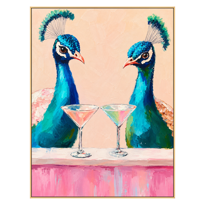 Peacock Aperitif artwork in a gold frame on a transparent background.