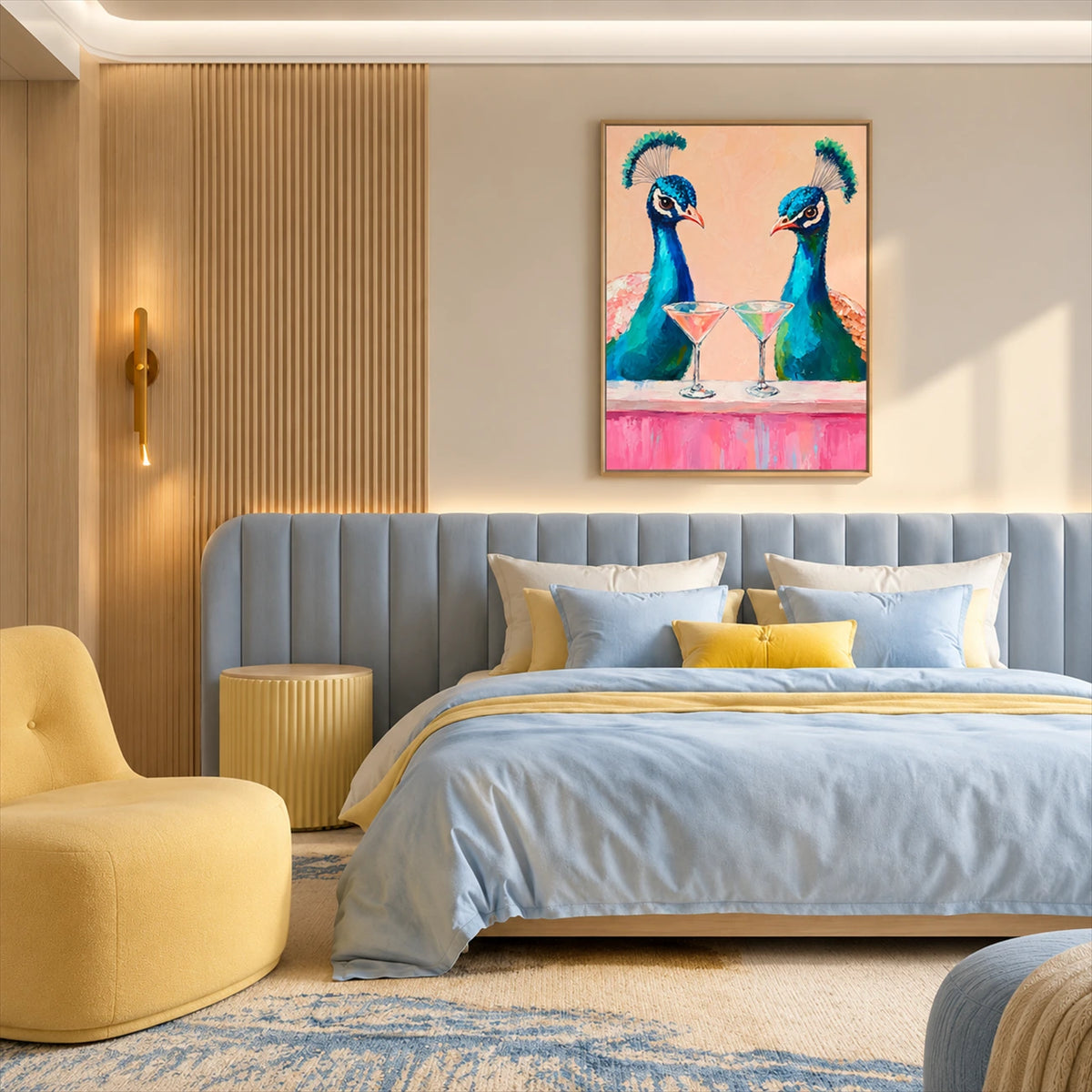 Peacock Aperitif artwork displayed above a blue upholstered bed.