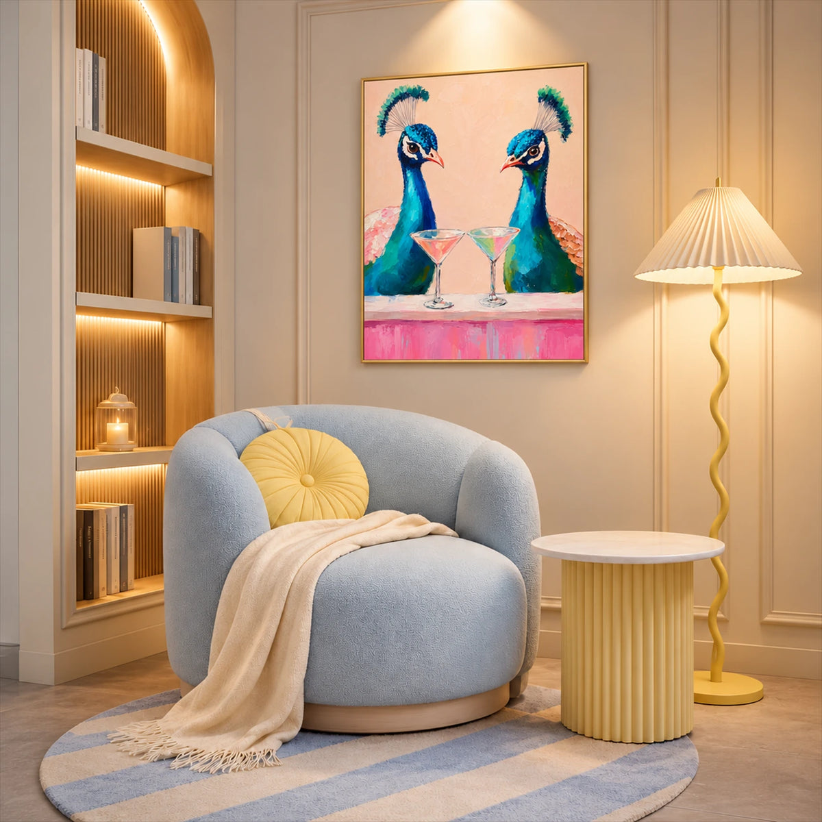 Peacock Aperitif artwork displayed above a blue armchair beside shelves.