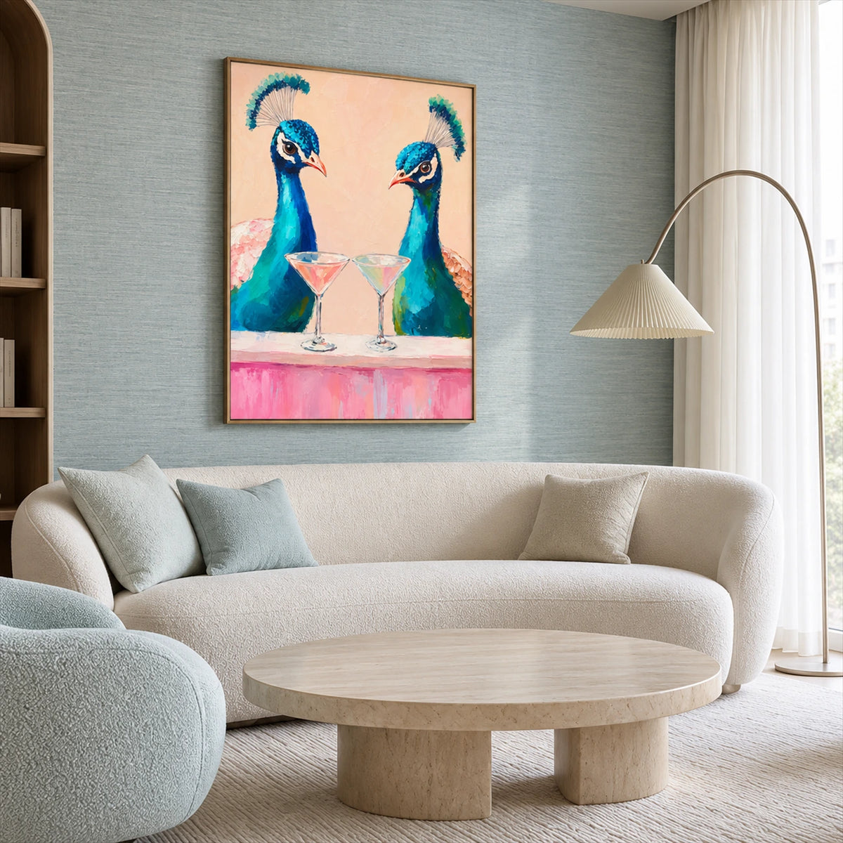 Peacock Aperitif artwork displayed above a curved cream sofa.