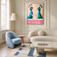 Peacock Aperitif artwork displayed beside a blue armchair and cream sofa.