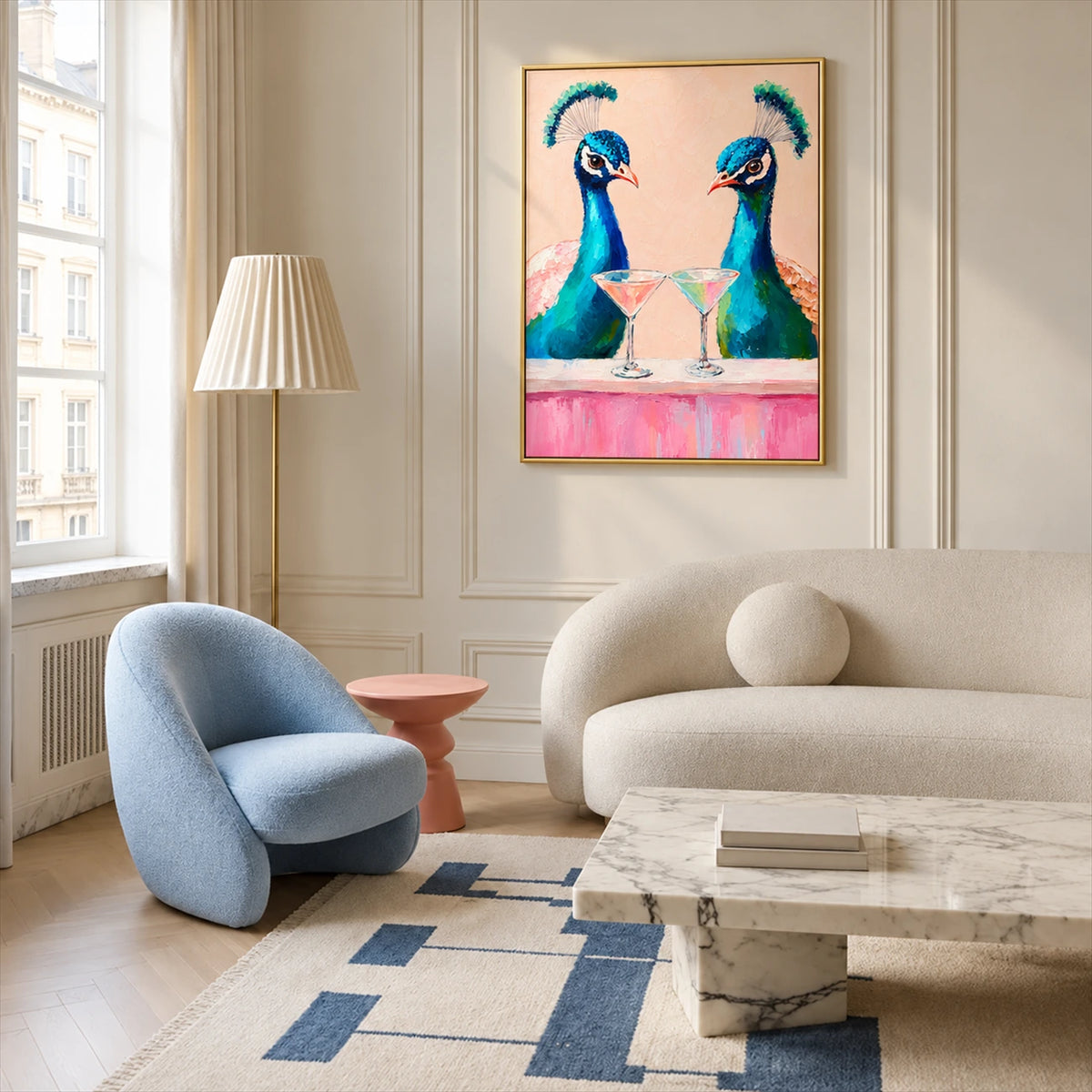 Peacock Aperitif artwork displayed beside a blue armchair and cream sofa.