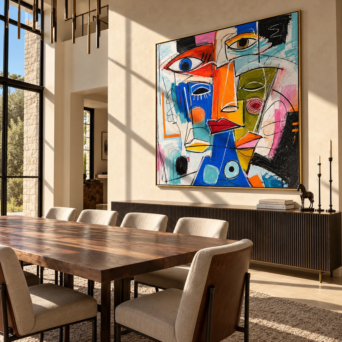 Prism Chorus Wall Art displayed beside a dining table in a double-height room.