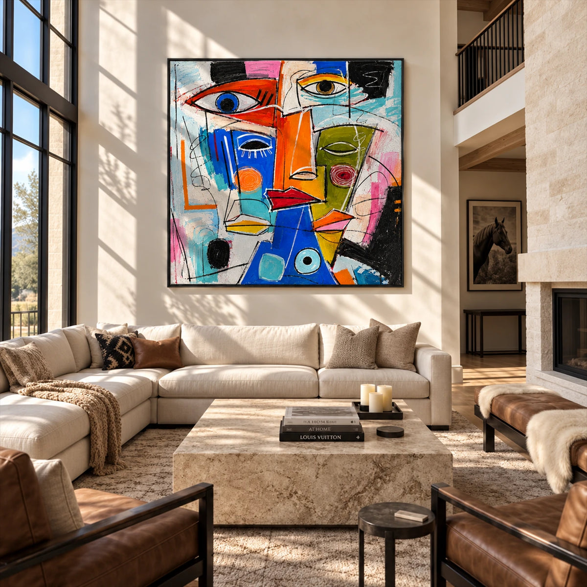Prism Chorus Wall Art displayed above a cream sectional sofa.