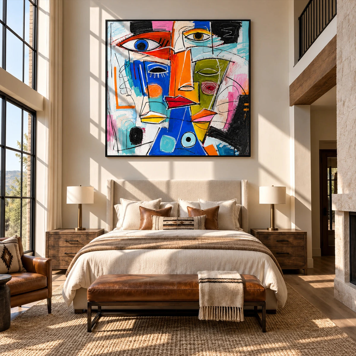 Prism Chorus Wall Art displayed above a bed beside tall windows.