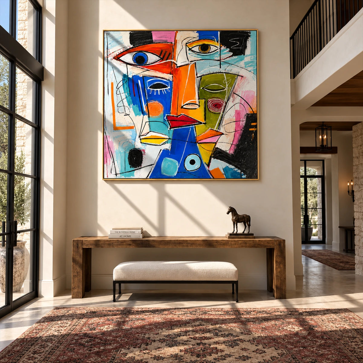 Prism Chorus Wall Art displayed above an entryway console and upholstered bench.