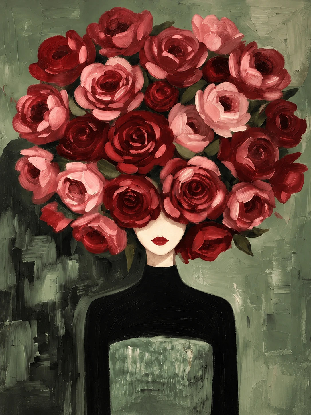 Rose Sovereign full artwork. A crown of crimson and blush roses conceals a woman’s eyes above a slender black silhouette.
