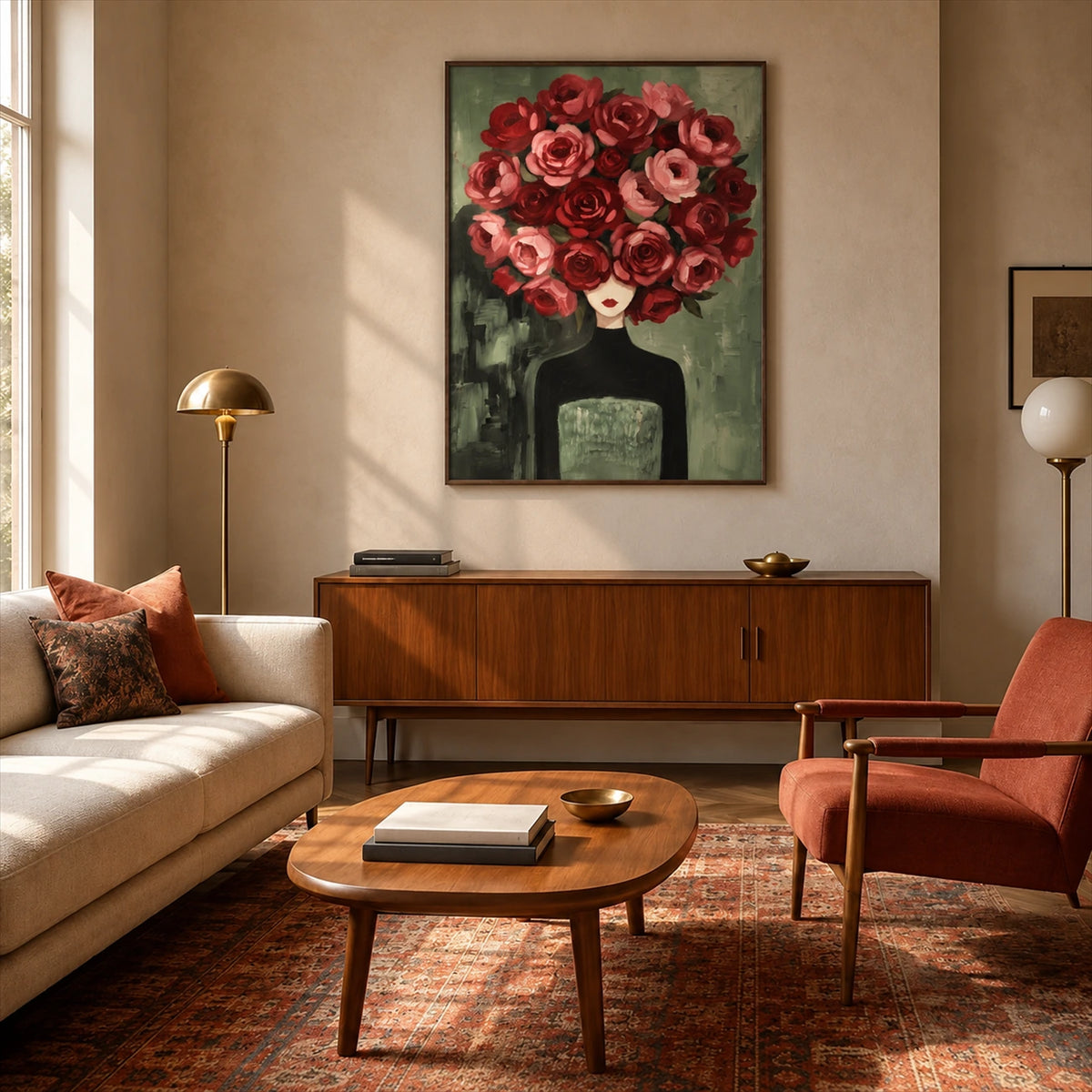 Rose Sovereign artwork displayed above a wooden sideboard in a living room.