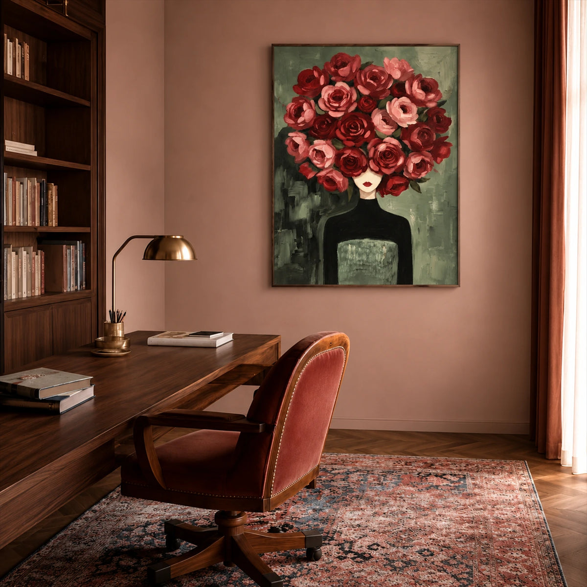 Rose Sovereign artwork displayed above a wooden desk in a rose-toned study.