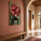 Rose Sovereign artwork displayed along a hallway above a wooden bench.