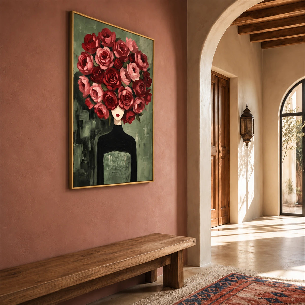 Rose Sovereign artwork displayed along a hallway above a wooden bench.