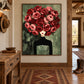 Rose Sovereign artwork displayed above a rug in a rustic entryway.