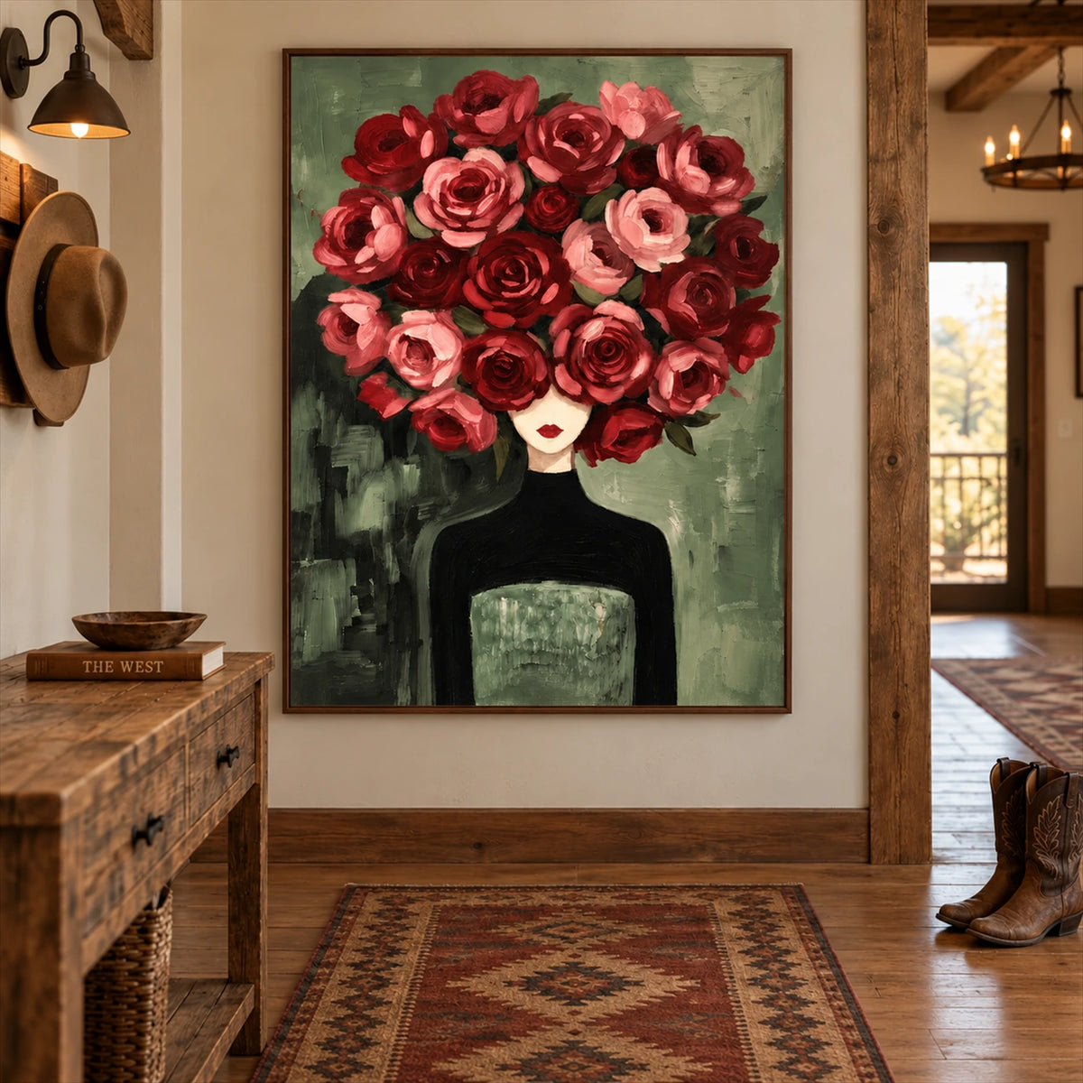 Rose Sovereign artwork displayed above a rug in a rustic entryway.