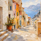Coastal Descent full artwork. Sunlight spills across stone steps descending between warm stucco buildings toward a brilliant blue sea.