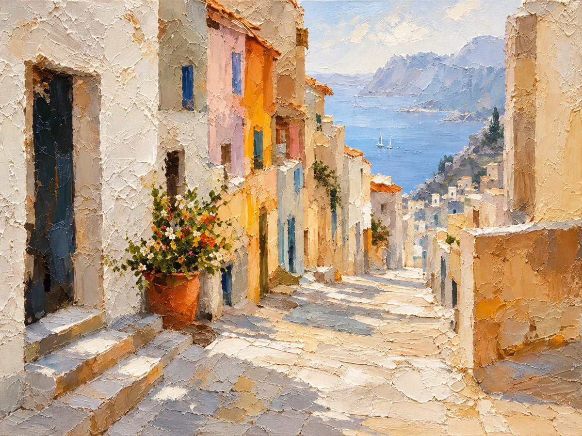 Coastal Descent full artwork. Sunlight spills across stone steps descending between warm stucco buildings toward a brilliant blue sea.