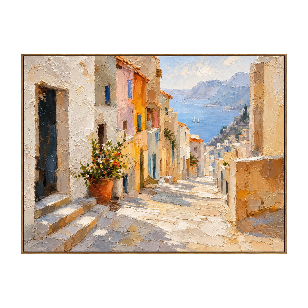 Coastal Descent artwork in a natural wood frame on a transparent background.
