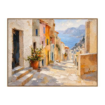 Coastal Descent artwork in a natural wood frame on a transparent background.