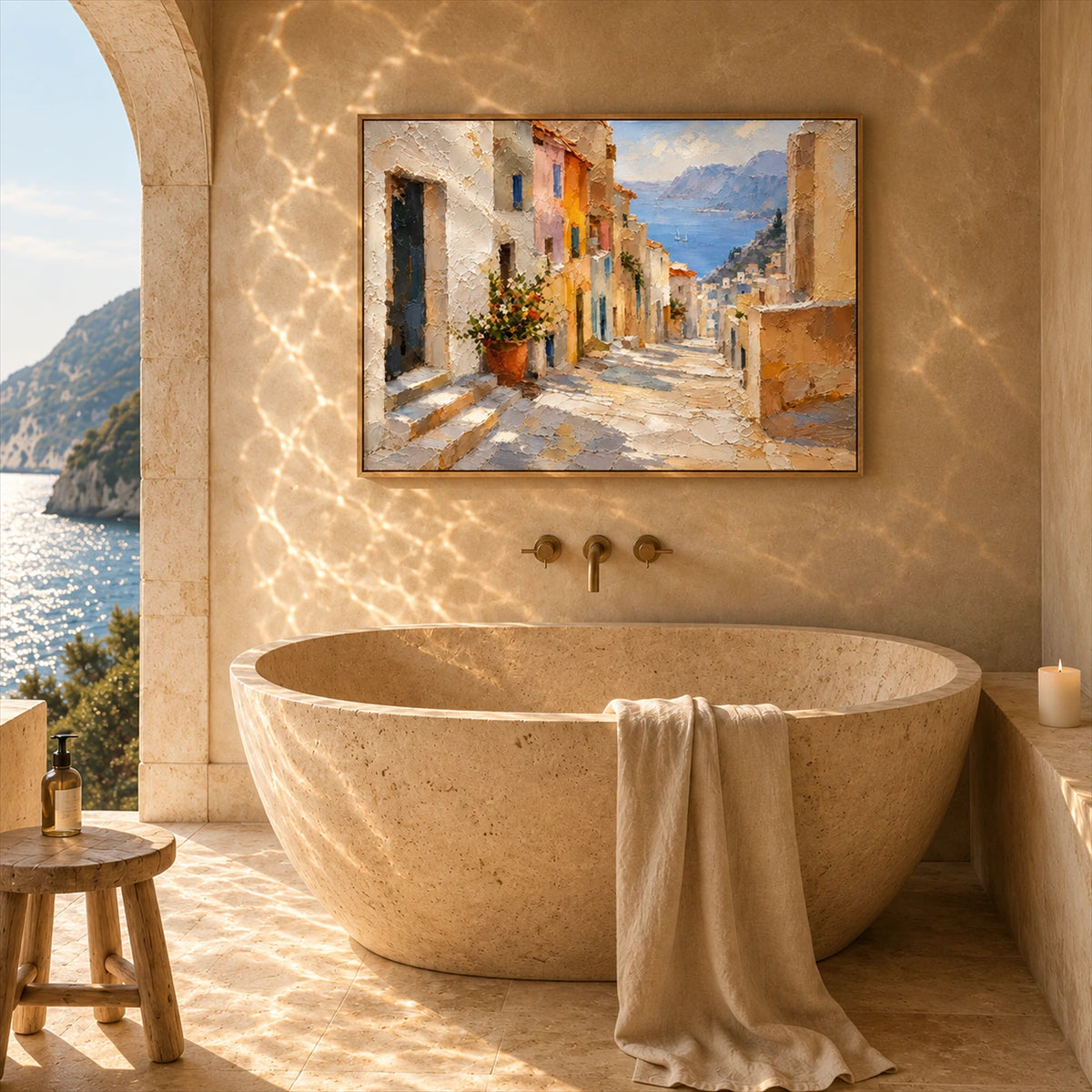 Coastal Descent artwork displayed above a stone bathtub.