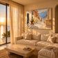 Coastal Descent artwork displayed above a cream sectional sofa.