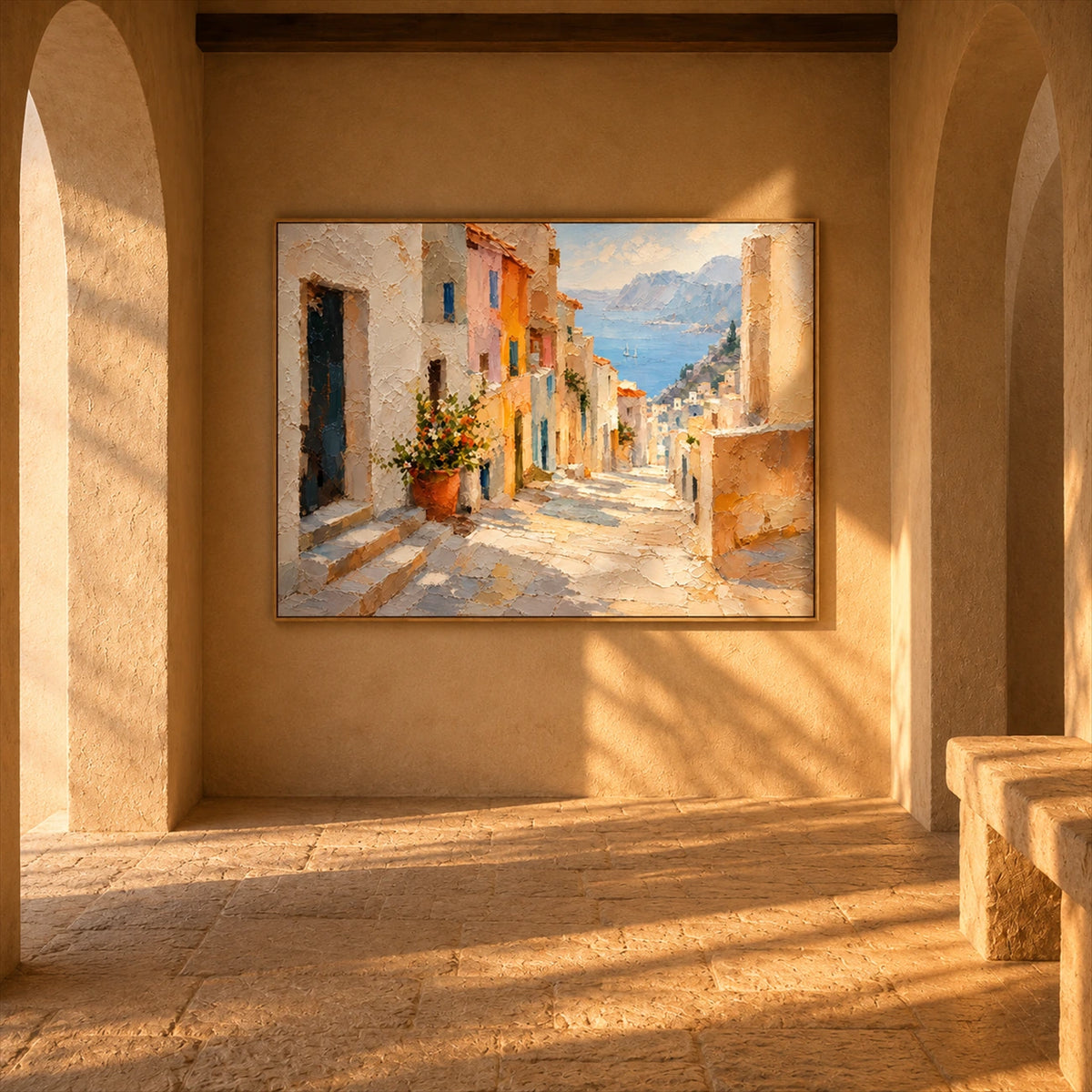 Coastal Descent artwork displayed within a recessed hallway wall.