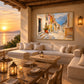 Coastal Descent artwork displayed above a sofa on a covered terrace.