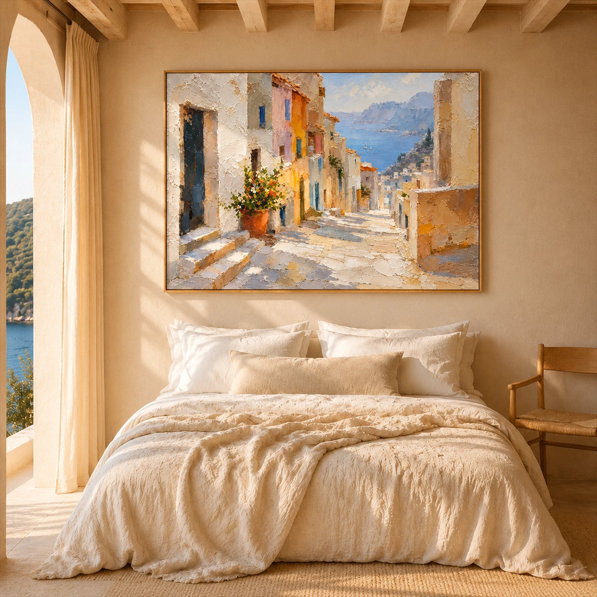 Coastal Descent artwork displayed above a bed with cream linens.