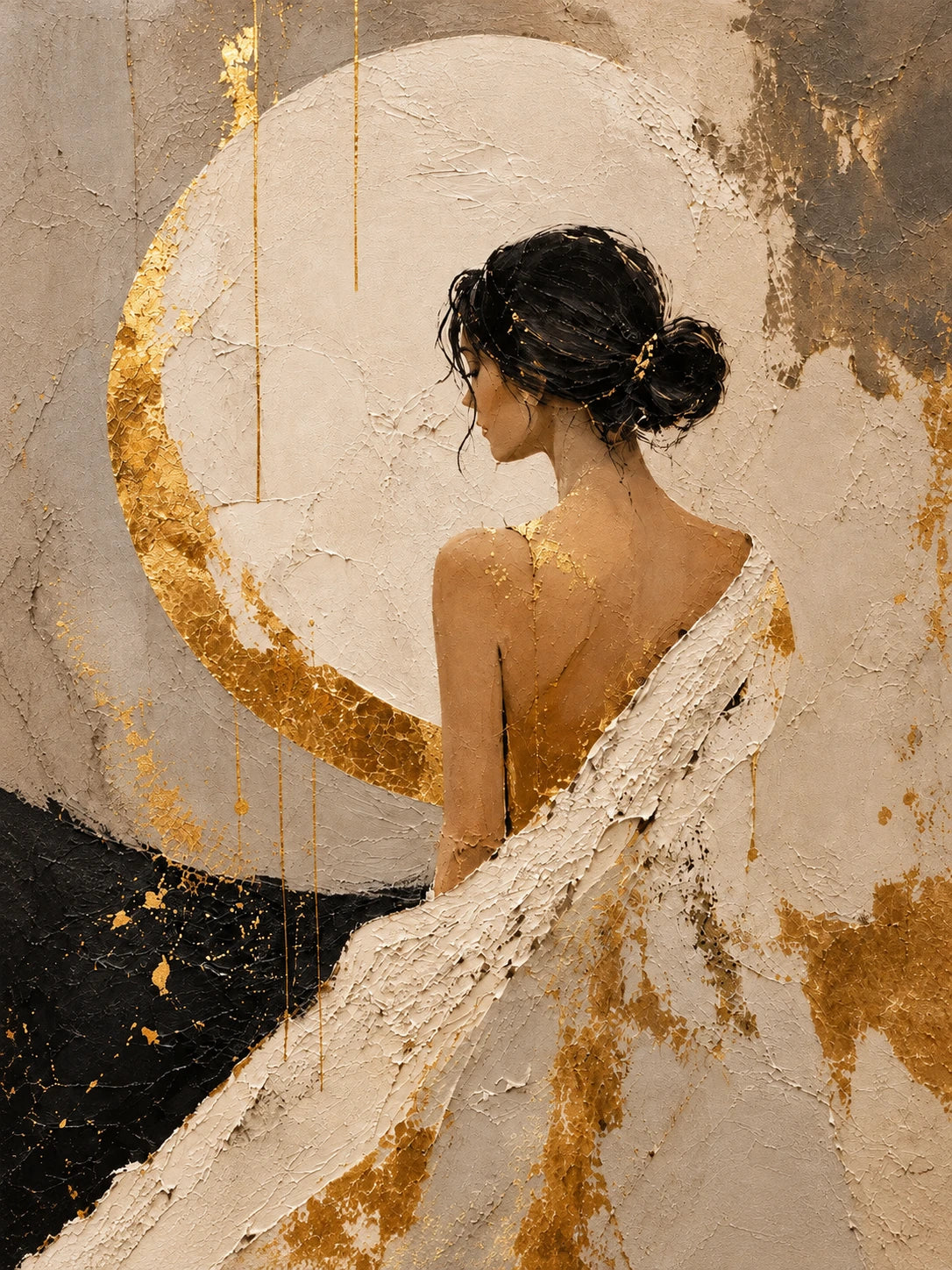Gilded Reverie full artwork. A woman turns away beneath a broad ivory circle edged with gold.