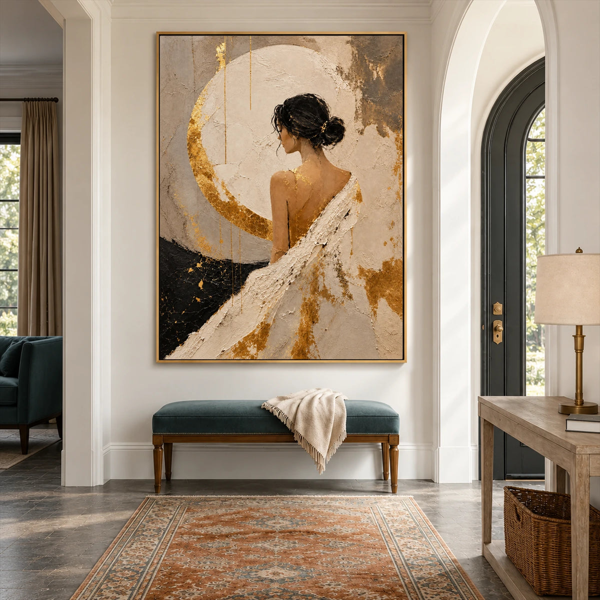 Gilded Reverie artwork displayed above a teal entryway bench.