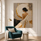 Gilded Reverie artwork displayed beside a teal armchair.