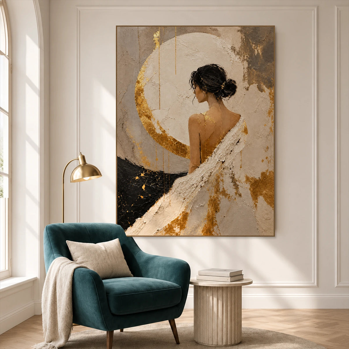 Gilded Reverie artwork displayed beside a teal armchair.