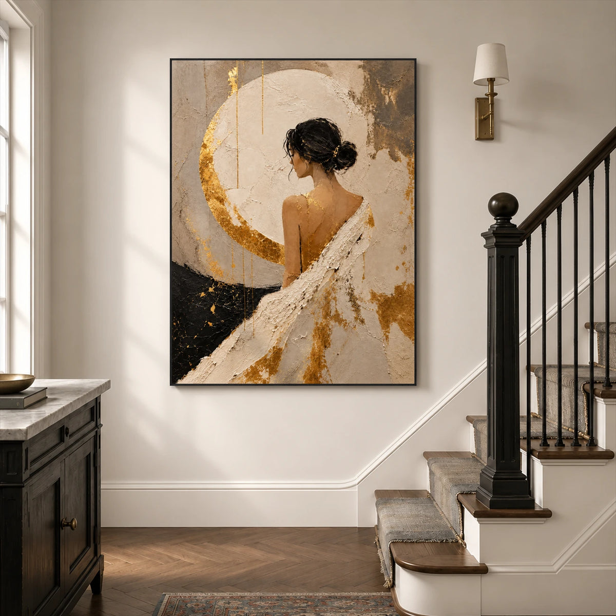 Gilded Reverie artwork displayed beside a staircase.