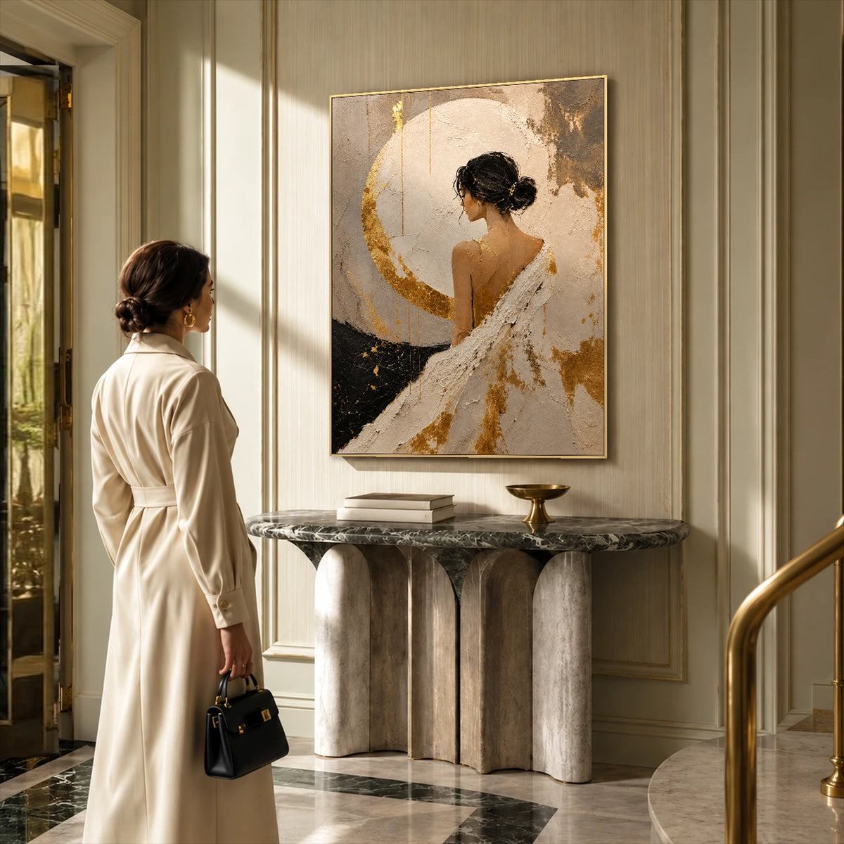 Gilded Reverie artwork displayed above a stone console in an entryway.
