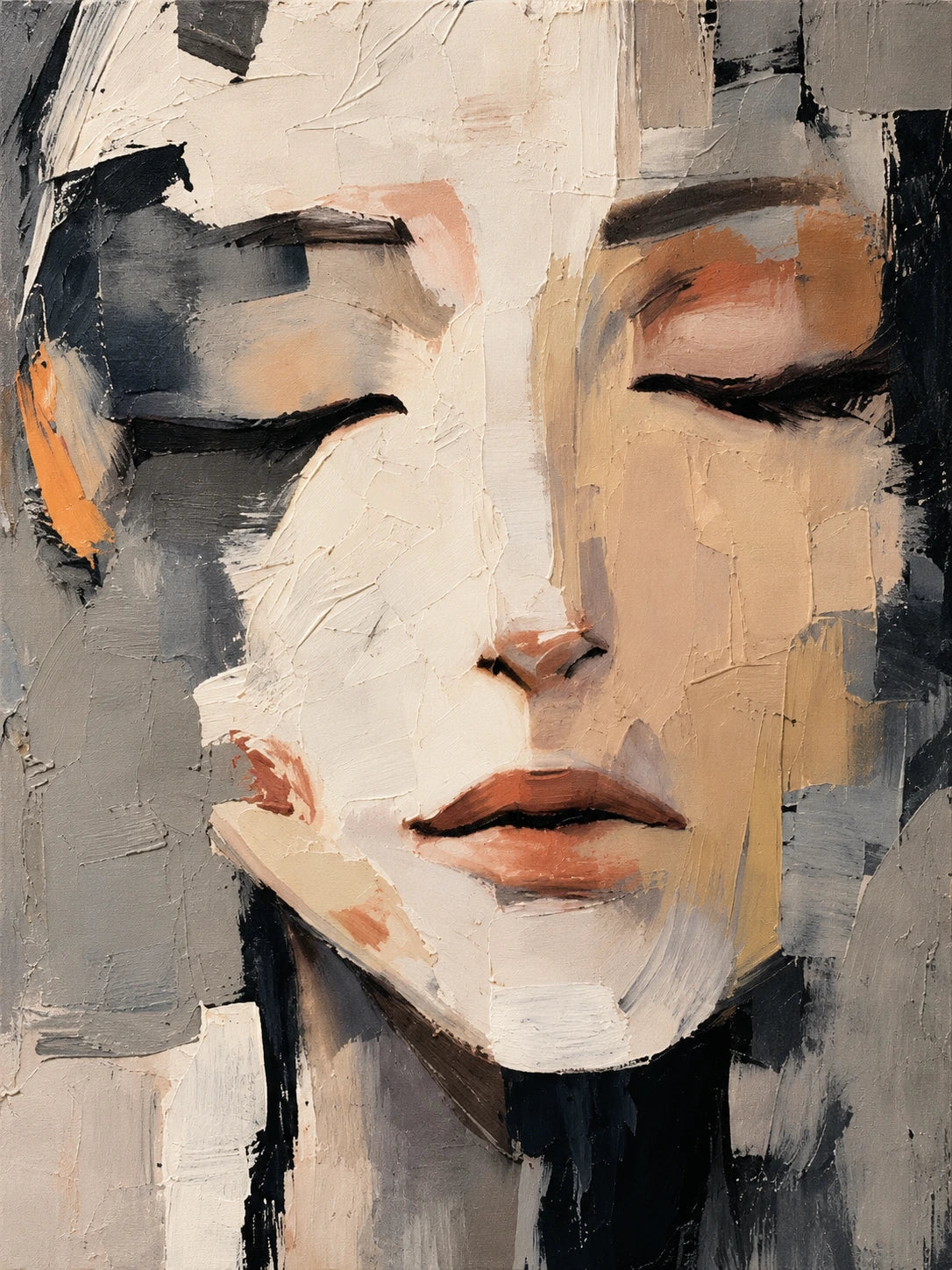 Quiet Facets full artwork. Closed eyes and softly parted lips emerge through fractured planes of ivory, charcoal, and warm peach.