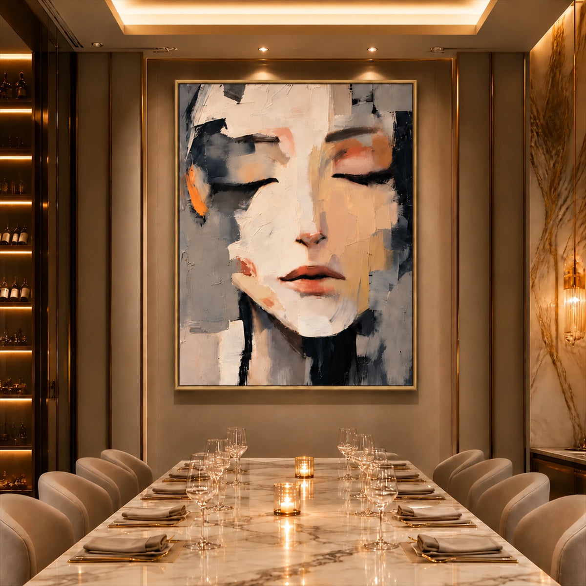 Quiet Facets artwork displayed above a long dining table.