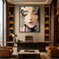 Quiet Facets artwork displayed above a dark wooden desk.