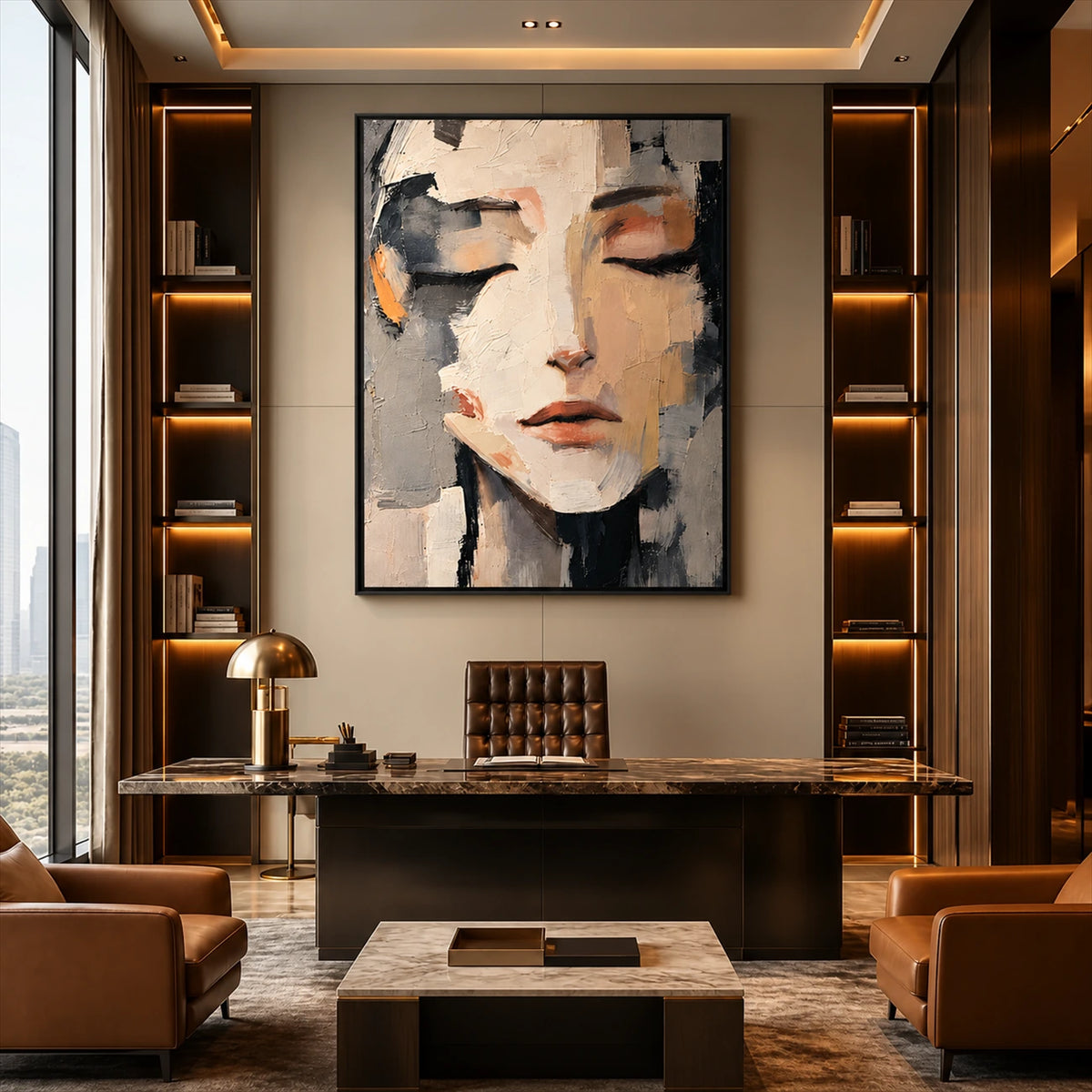 Quiet Facets artwork displayed above a dark wooden desk.