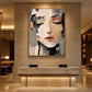 Quiet Facets artwork displayed above a stone entryway console.