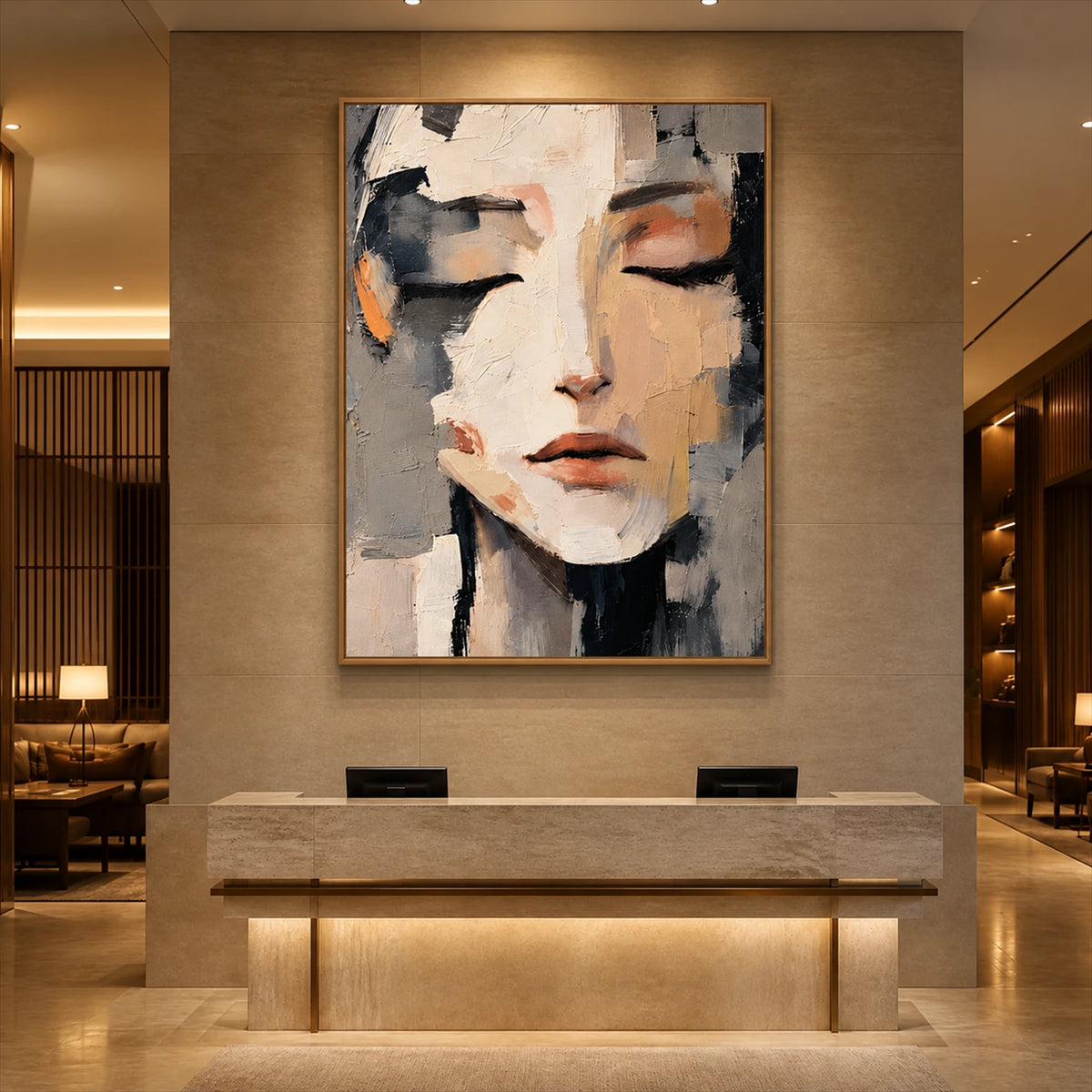Quiet Facets artwork displayed above a stone entryway console.