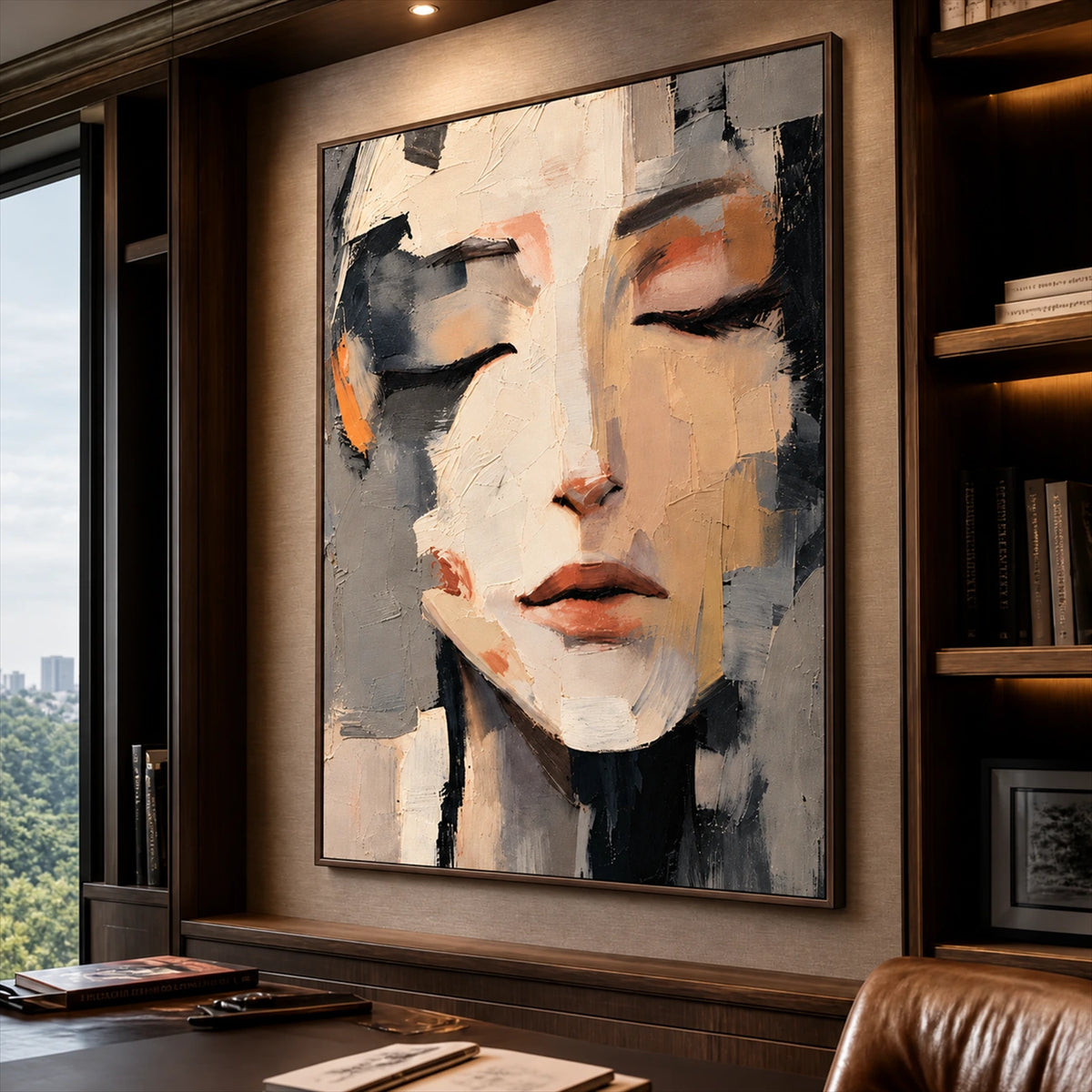Quiet Facets artwork displayed beside a leather chair in a study.