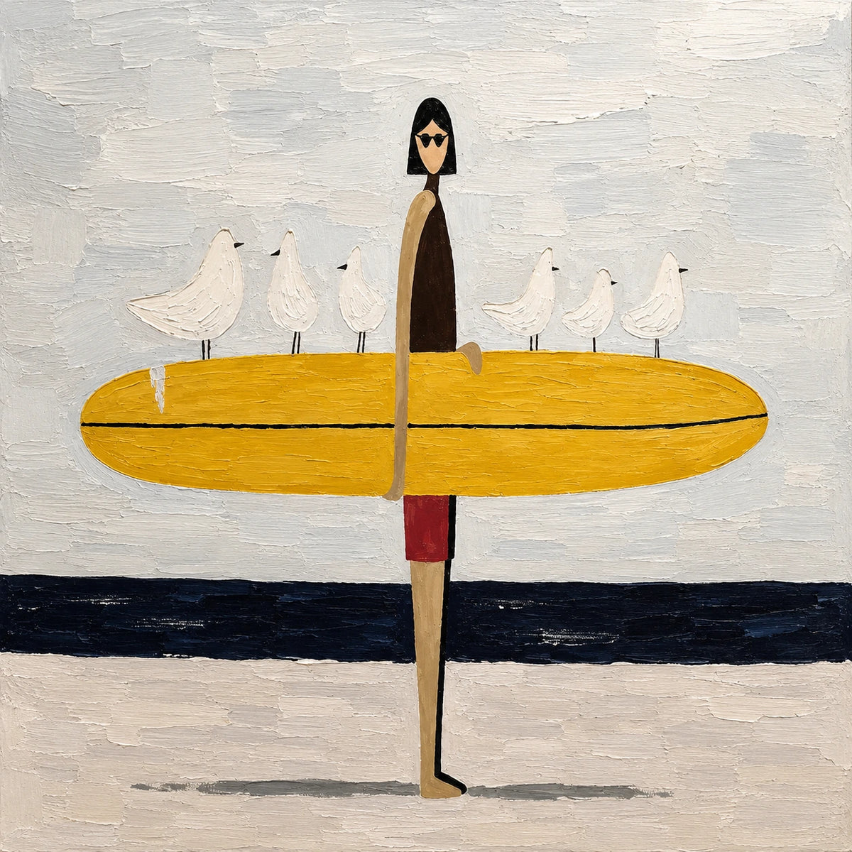 Gull Gathering full artwork. A slender surfer carries a bright yellow board lined with white gulls.