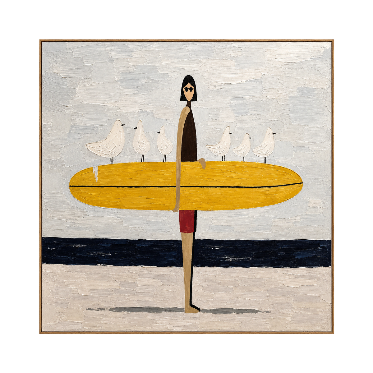 Gull Gathering artwork in a natural wood frame on a transparent background.