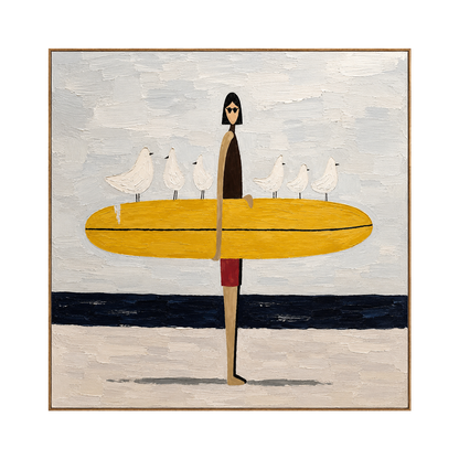 Gull Gathering artwork in a natural wood frame on a transparent background.