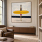 Gull Gathering artwork displayed above a low wooden sideboard.