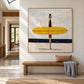 Gull Gathering artwork displayed above a wooden hallway bench.