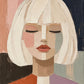 Pastel Stillness full artwork. A woman with a pale bob closes her eyes within a patchwork of muted color.
