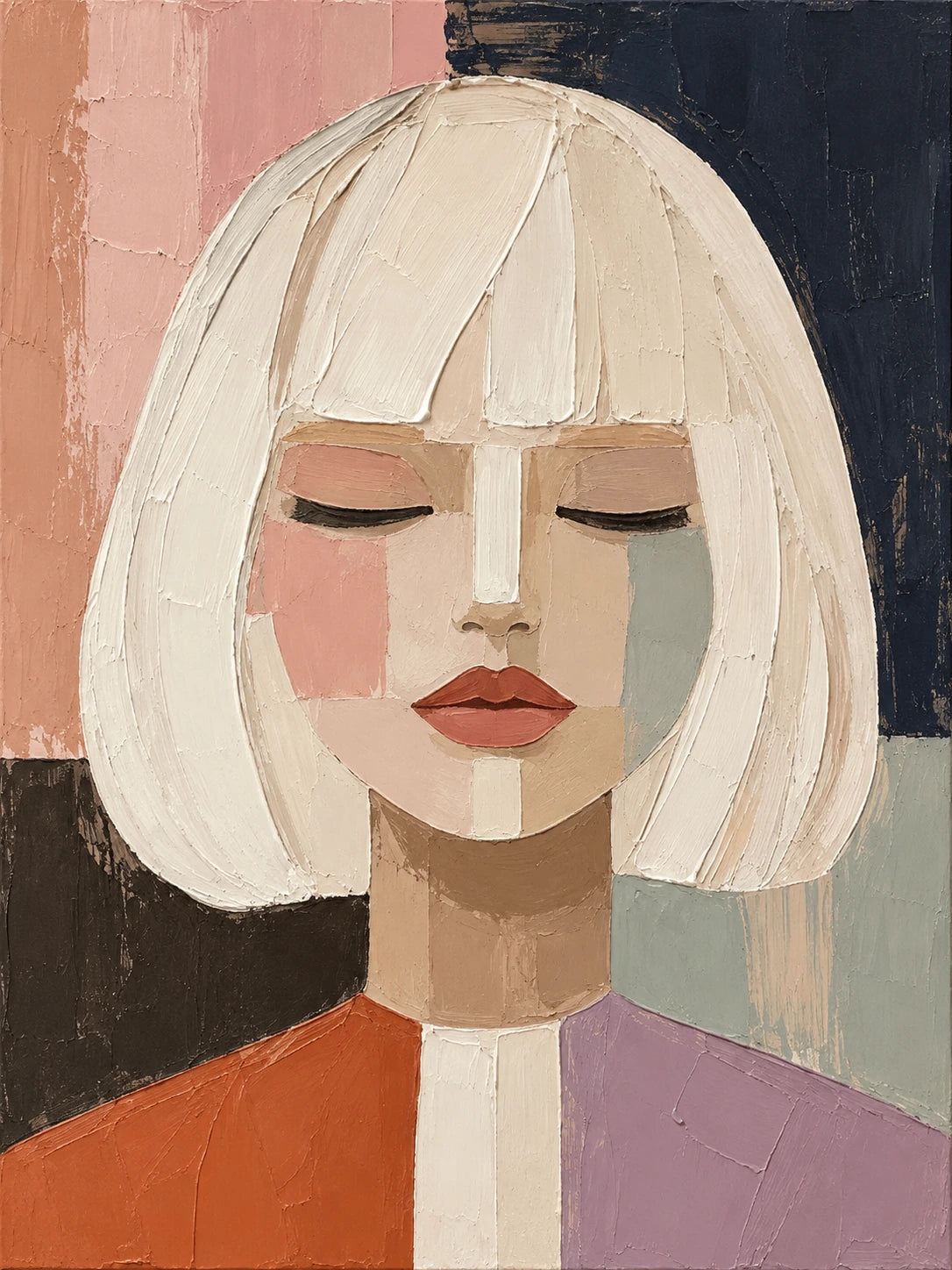 Pastel Stillness full artwork. A woman with a pale bob closes her eyes within a patchwork of muted color.