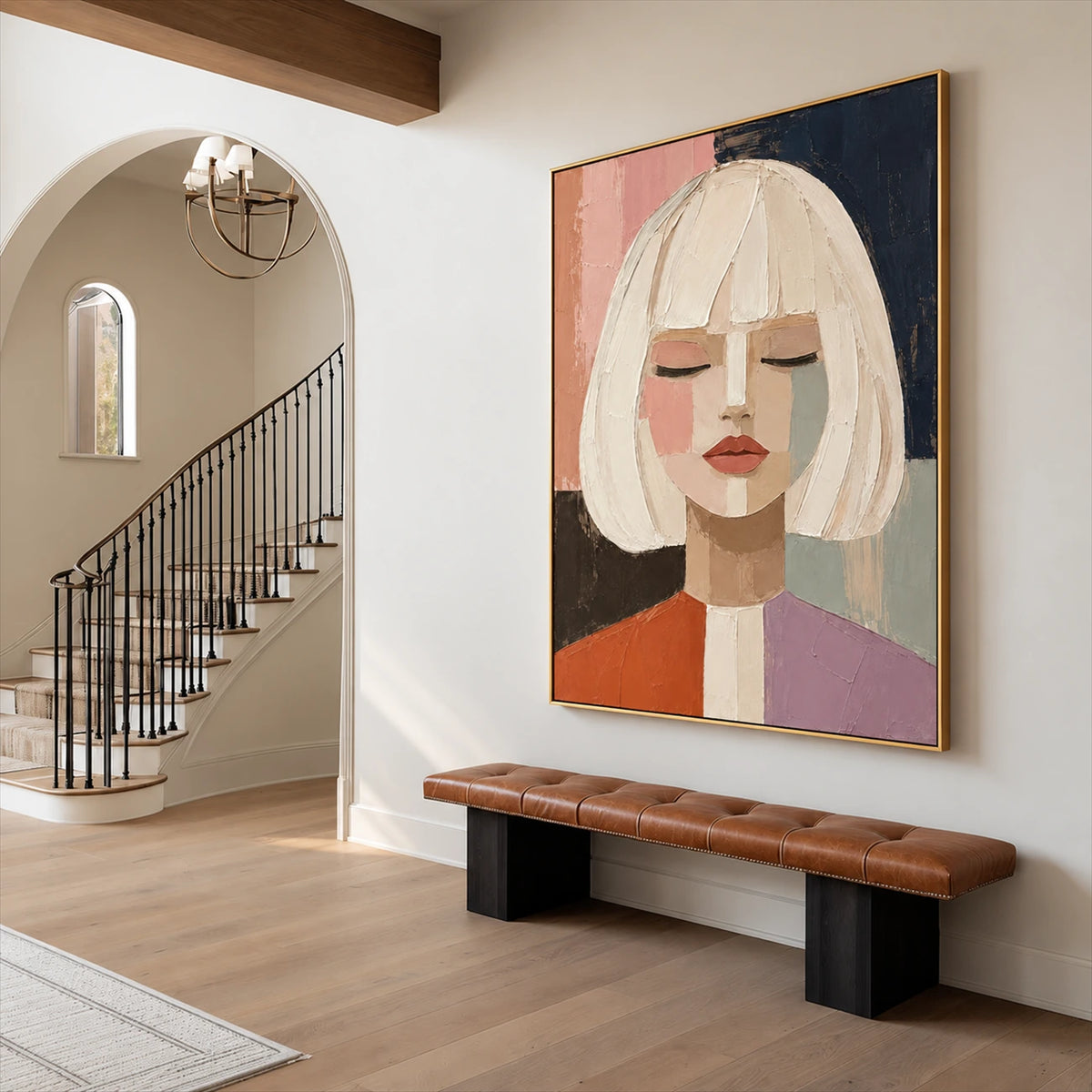 Pastel Stillness artwork displayed above a hallway bench beside an archway.