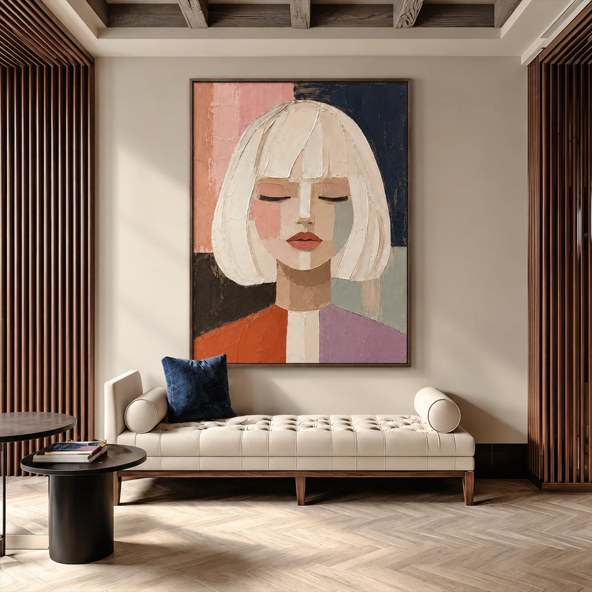 Pastel Stillness artwork displayed above a cream upholstered bench.